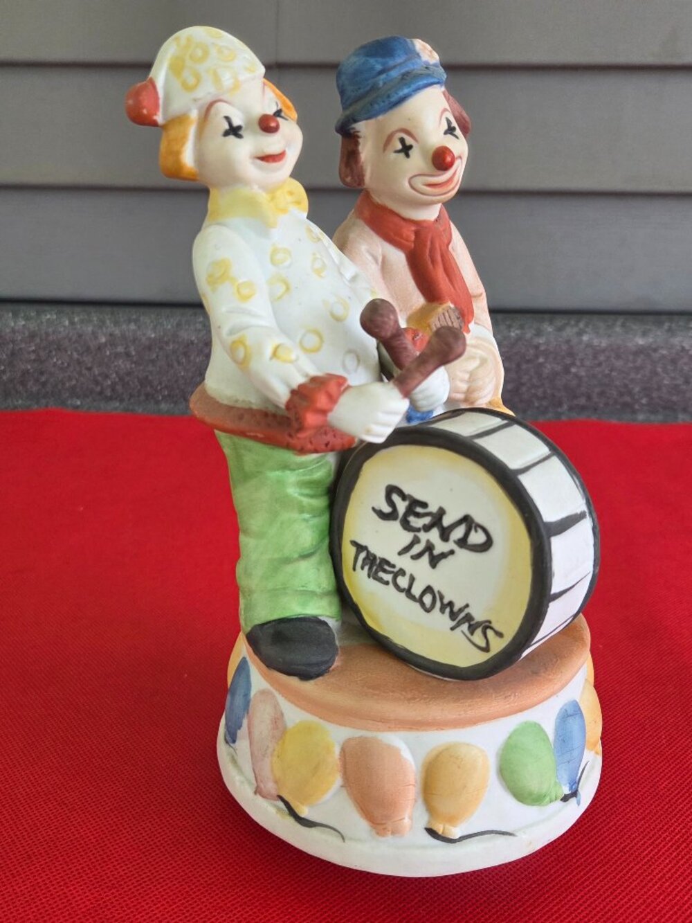 Music Box Rotates Plays "Send In the Clowns" 2 Clowns Playing Drum 8.5" WORKS